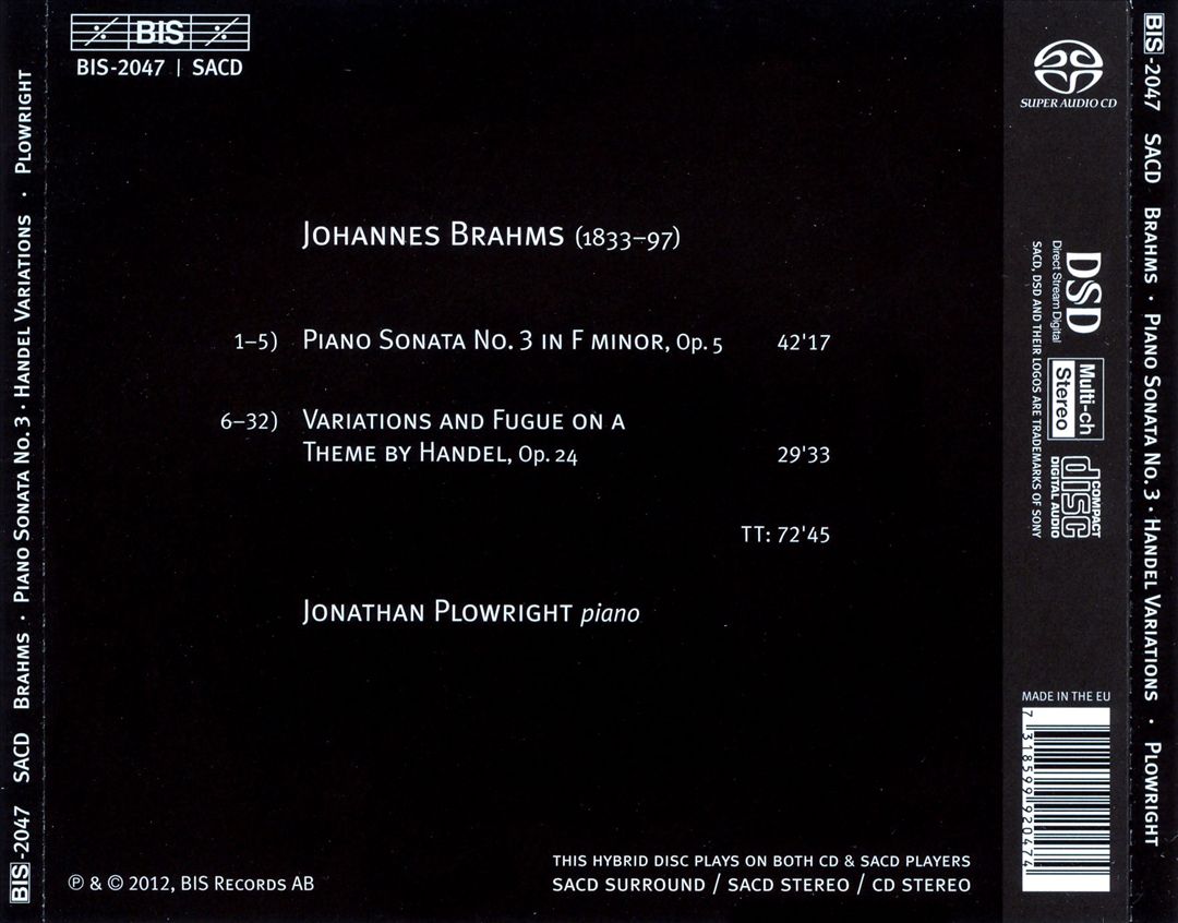 Brahms: Piano Sonata No. 3; Handel Variations cover art
