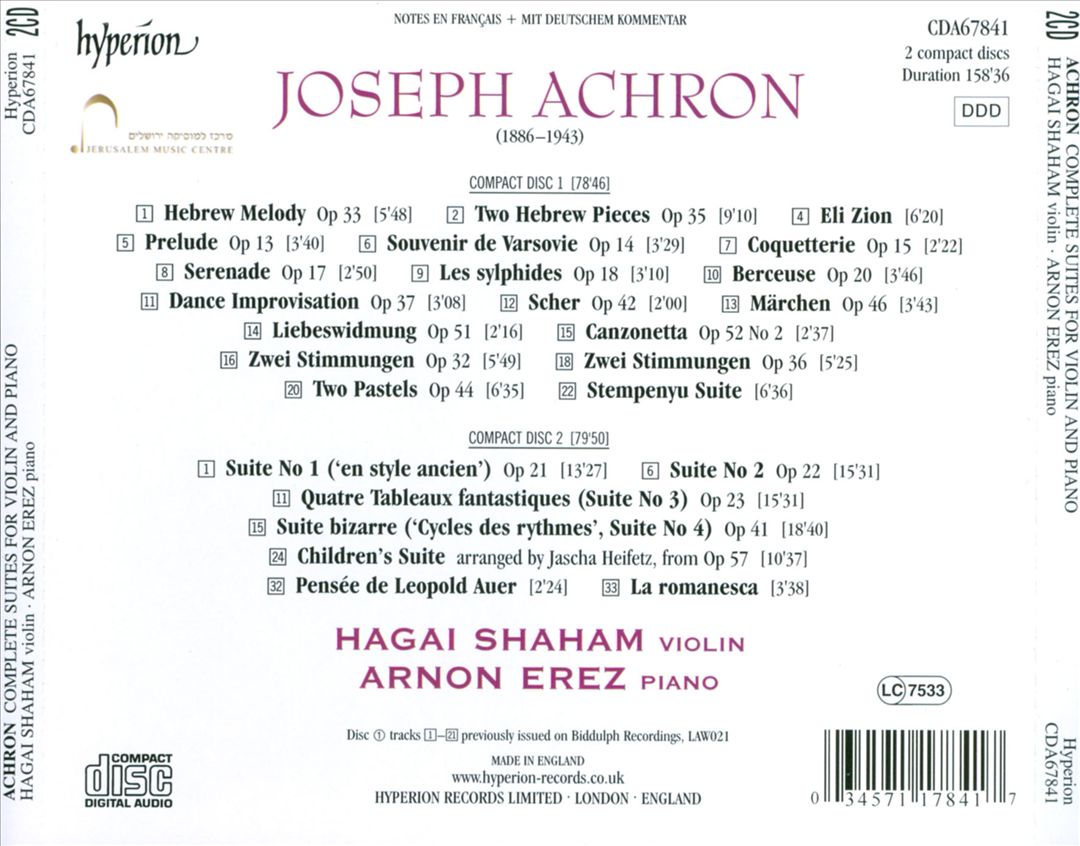 Joseph Achron: Complete Suites for Violin and Piano cover art
