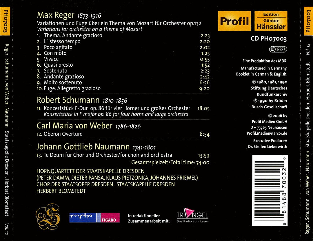 Reger: Variationen und Fuge; Schumann: Konzerstück, Op. 86; Weber: Oberon Overtüre; etc cover art