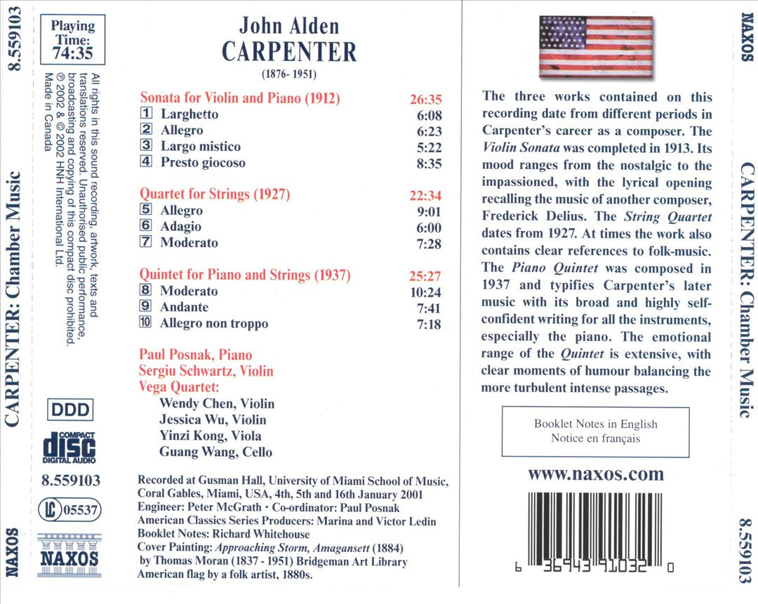 John Alden Carpenter: Sonata for Violin and Piano; String quartet; Piano Quintet cover art