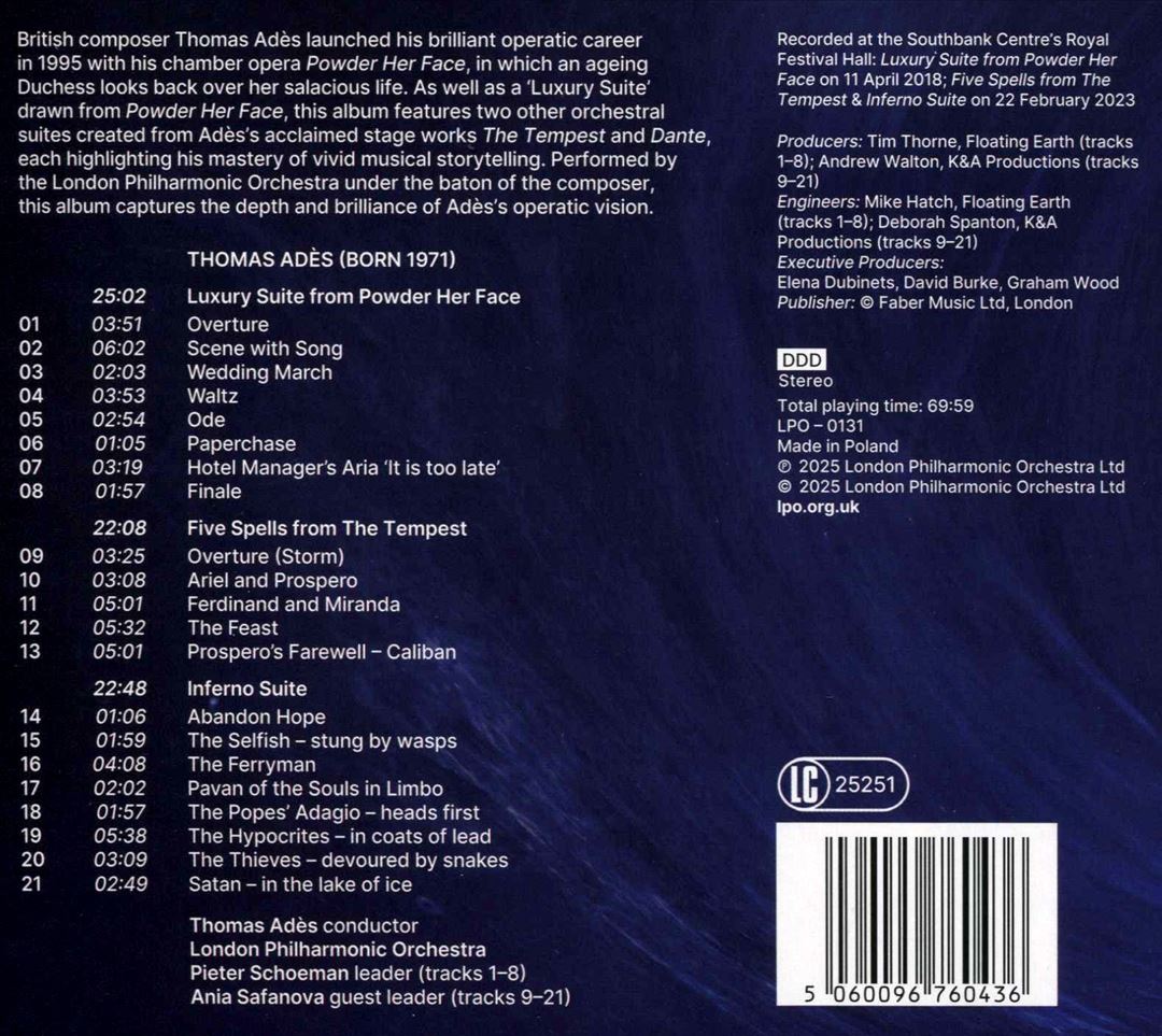 Thomas Adès: Luxury Suite from Powder Her Face; Five Spells from the Tempest; Inferno Suite cover art