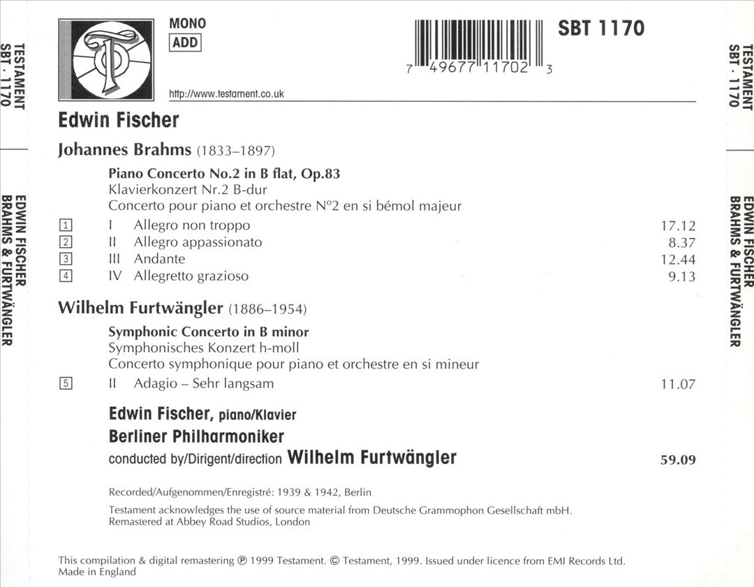 Brahms: Piano Concerto No. 2; Wilhelm Furtwängler: Adagio (Symphonic Concerto) cover art