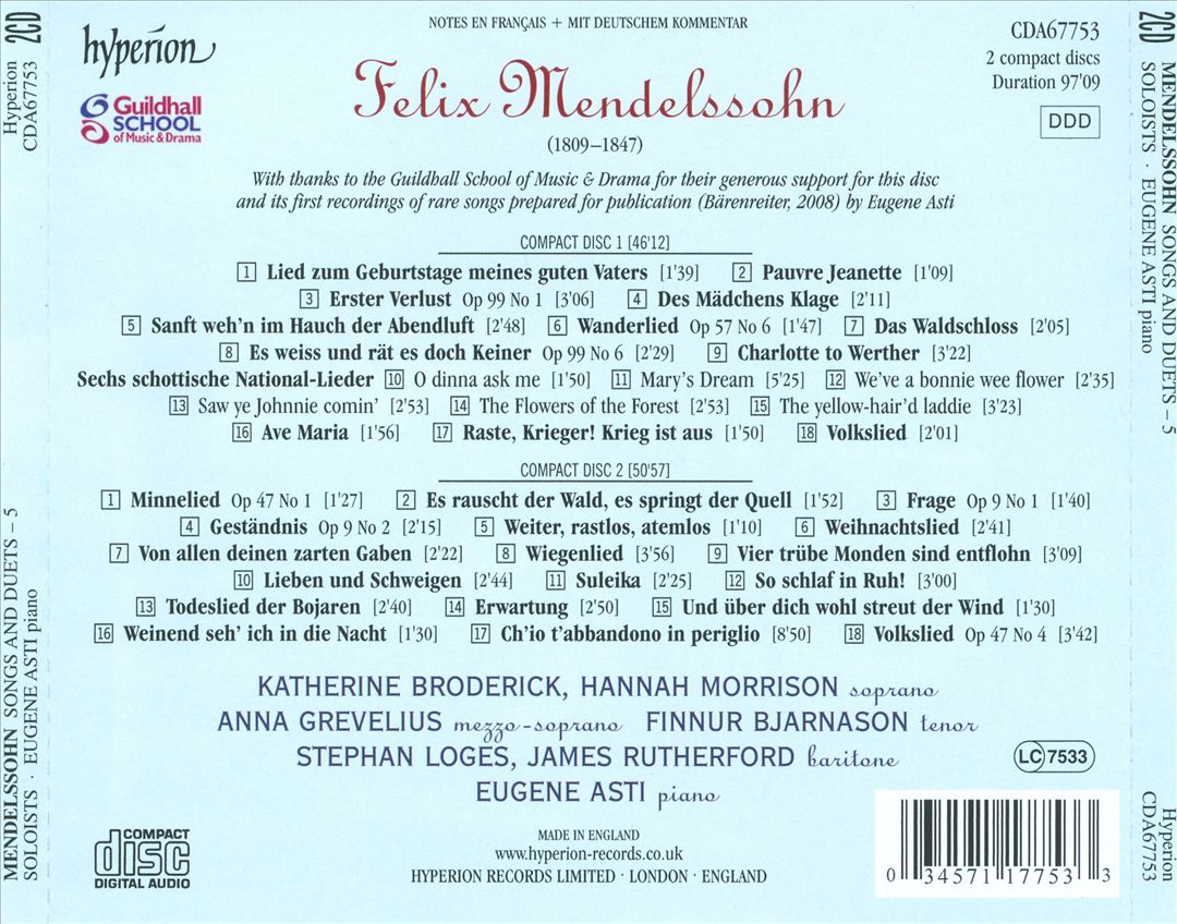 Mendelssohn: Songs & Duets, Vol. 5 cover art