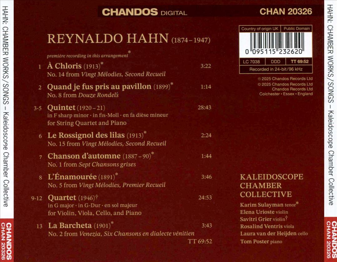 Reynaldo Hahn: Piano Quintet; Songs; Piano Quartet cover art