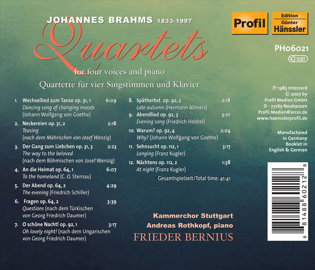 Brahms: Quartets for four voices and piano cover art