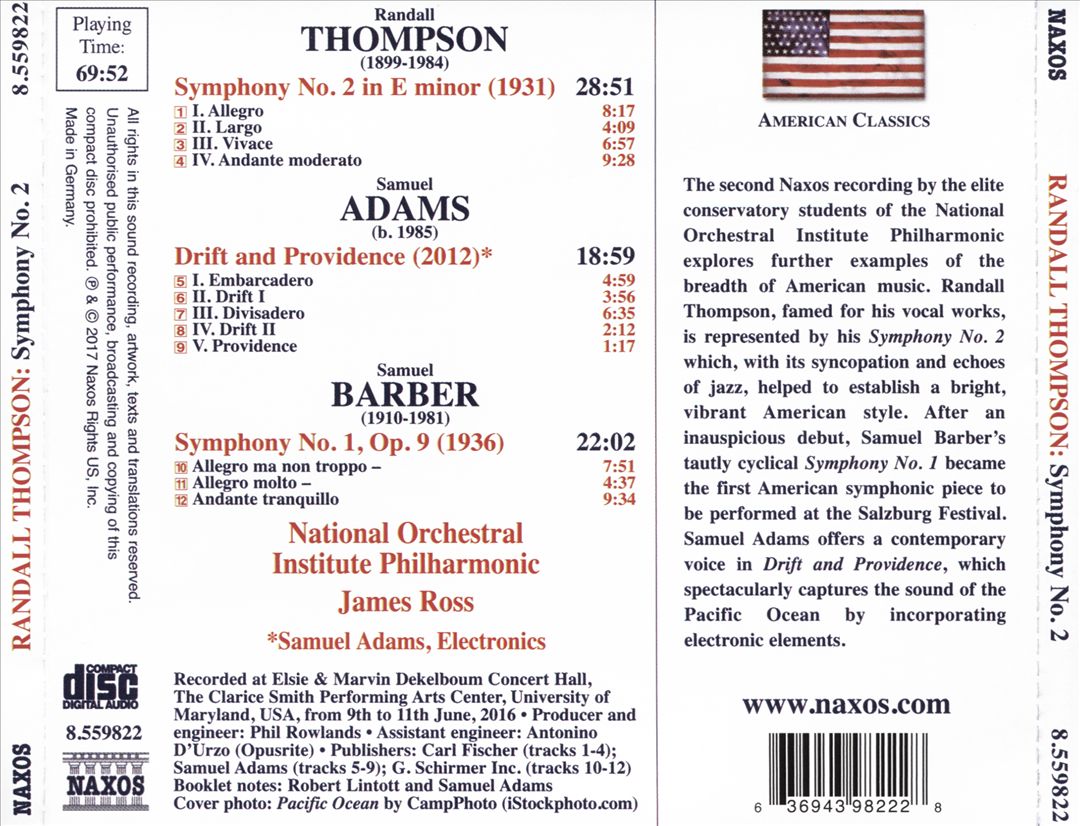 Randall Thompson: Symphony No. 2; Samuel Adams: Drift and Providence; Samuel Barber: Symphony No. 1 cover art