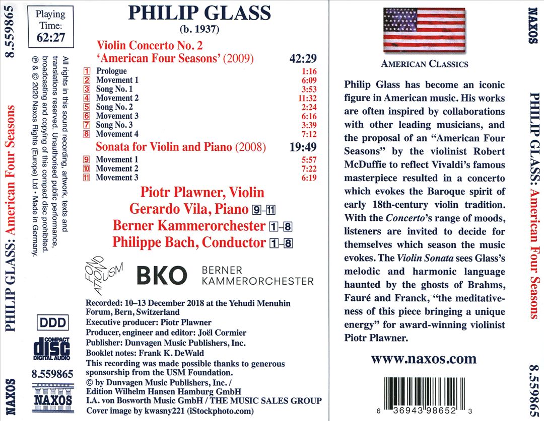 Philip Glass: Violin Concerto No. 2 'American Four Seasons'; Violin Sonata cover art