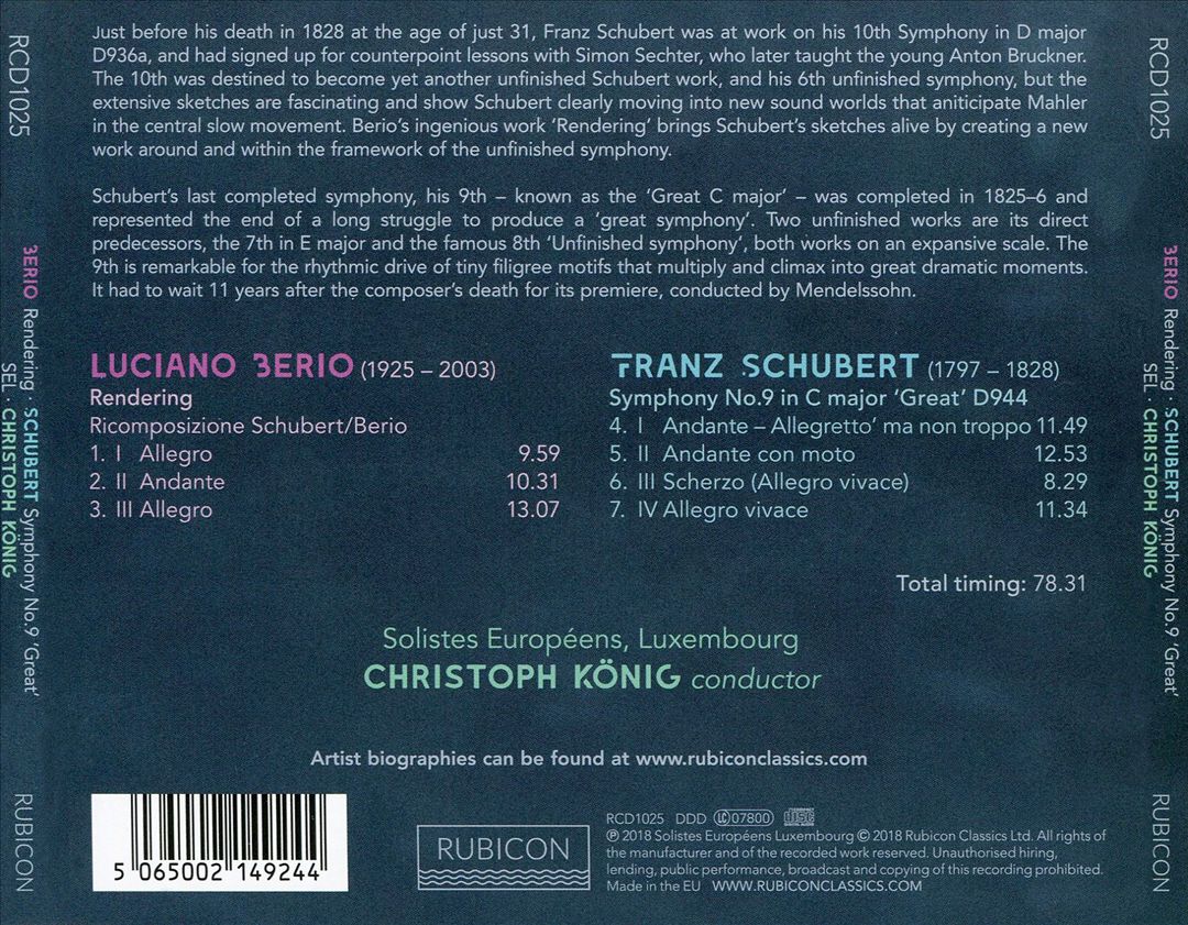 Schubert: Symphony No. 9 in C 'Great'; Berio: 'Rendering' after Schubert Symphony No. 10 cover art