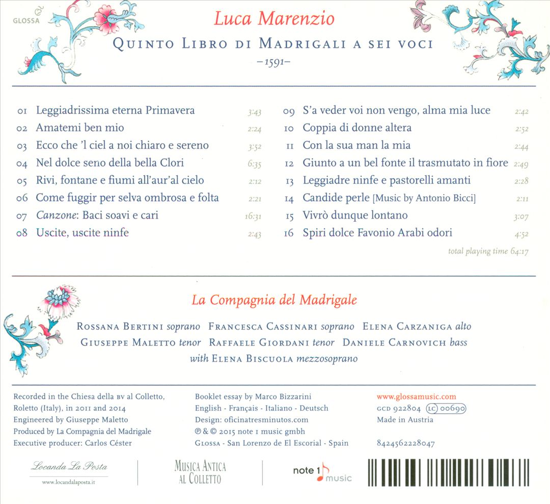 Luca Marenzio: Quinto Libro di Madrigali a sei voci (1591) cover art