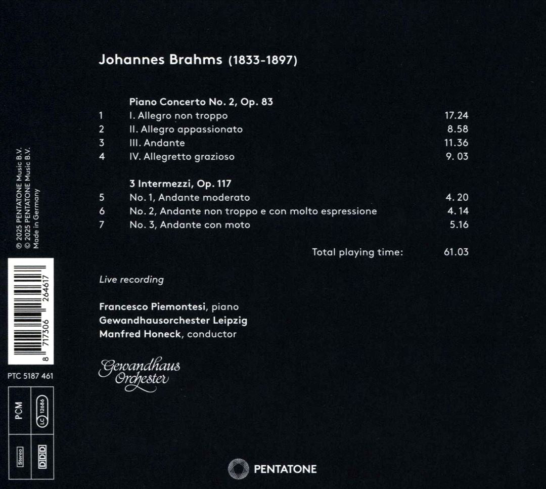 Brahms: Piano Concerto No. 2; Three Intermezzi, Op. 117 cover art