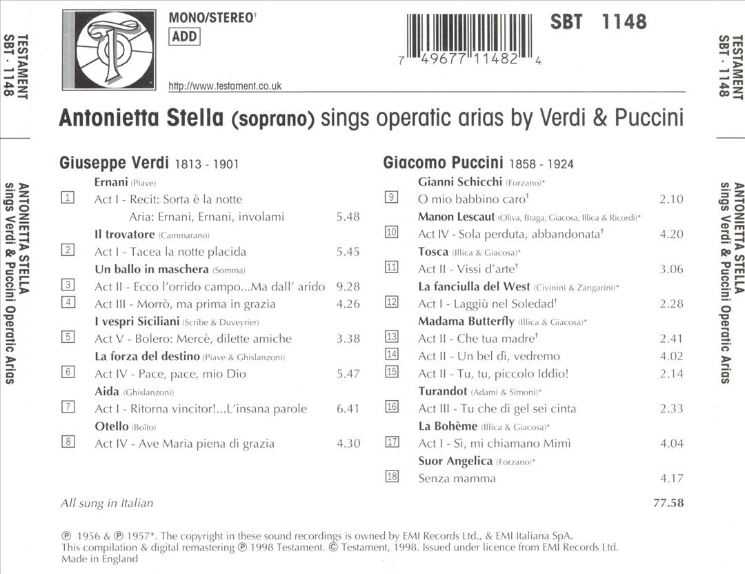 Antonietta Stella sings operatic arias by Verdi & Puccini cover art