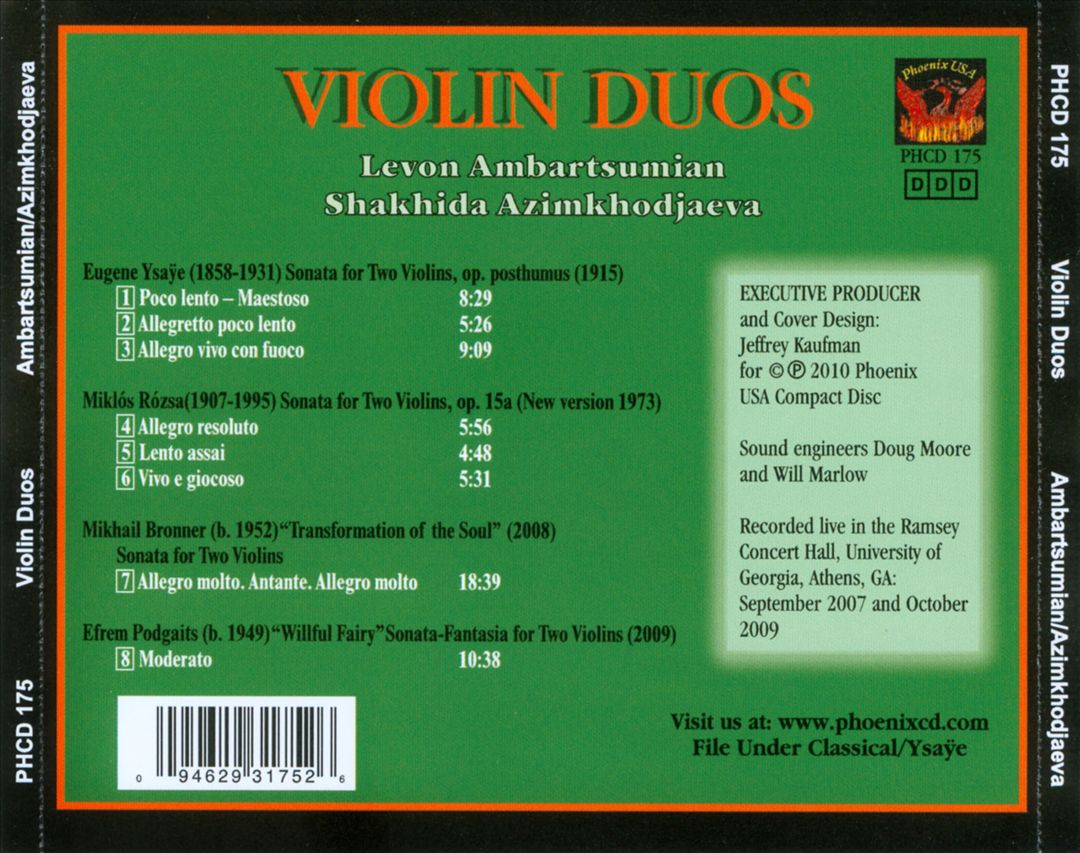 Violin Duos: Ysaye, Rozsa, Bronner, Podgaits cover art