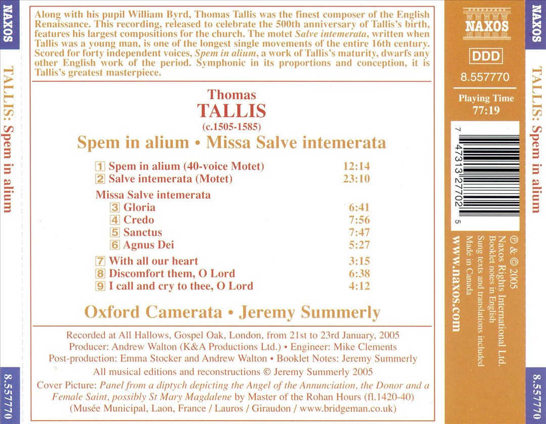 Tallis: Spem in alium; Missa Salve intemerata cover art