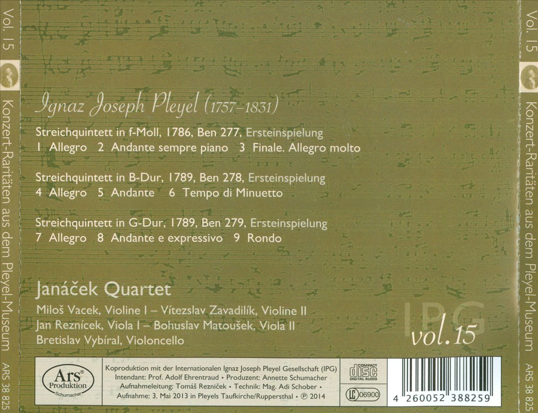 Ignaz Joseph Pleyel, Vol. 15: Quintette Ben 277-279 cover art