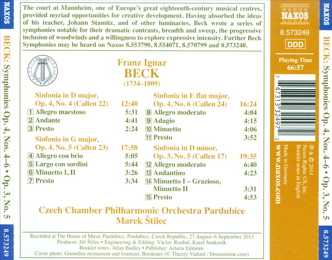 Franz Ignaz Beck: Symphonies Op. 4, Nos. 4-6 & Op. 3, No. 5 cover art