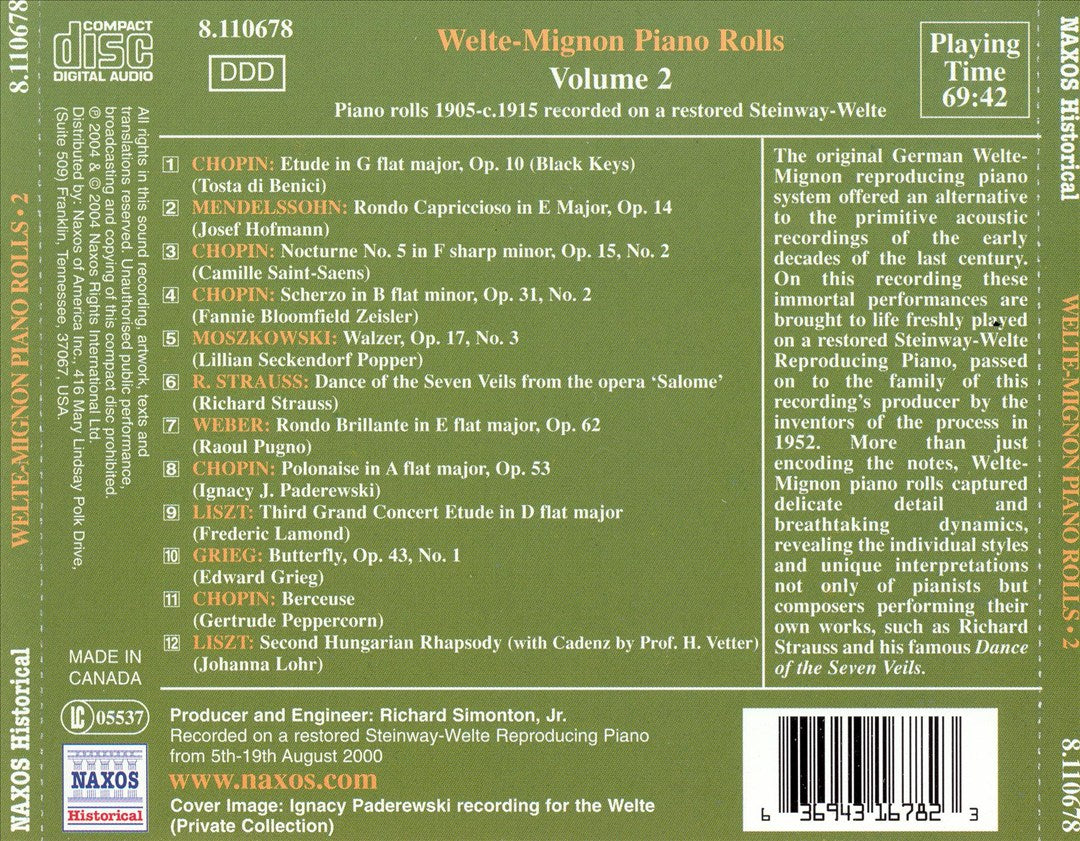 Welte-Mignon Piano Rolls, Vol. 2: R. Strauss, Grieg, Chopin, Weber cover art