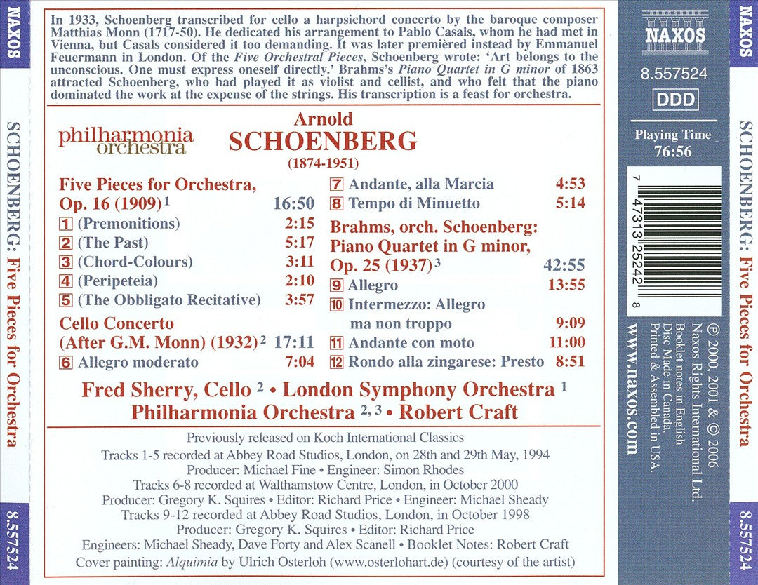 Schoenberg: Five Pieces for Orchestra; Cello Concerto (after Monn); Piano Quartet (Brahms orch. Schoenberg) cover art