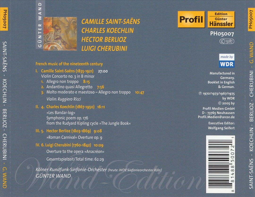 Saint-Saëns: Violin Concerto No. 3; Koechlin: Les Bandar-Log; Cherubini: Anacreon Overture cover art
