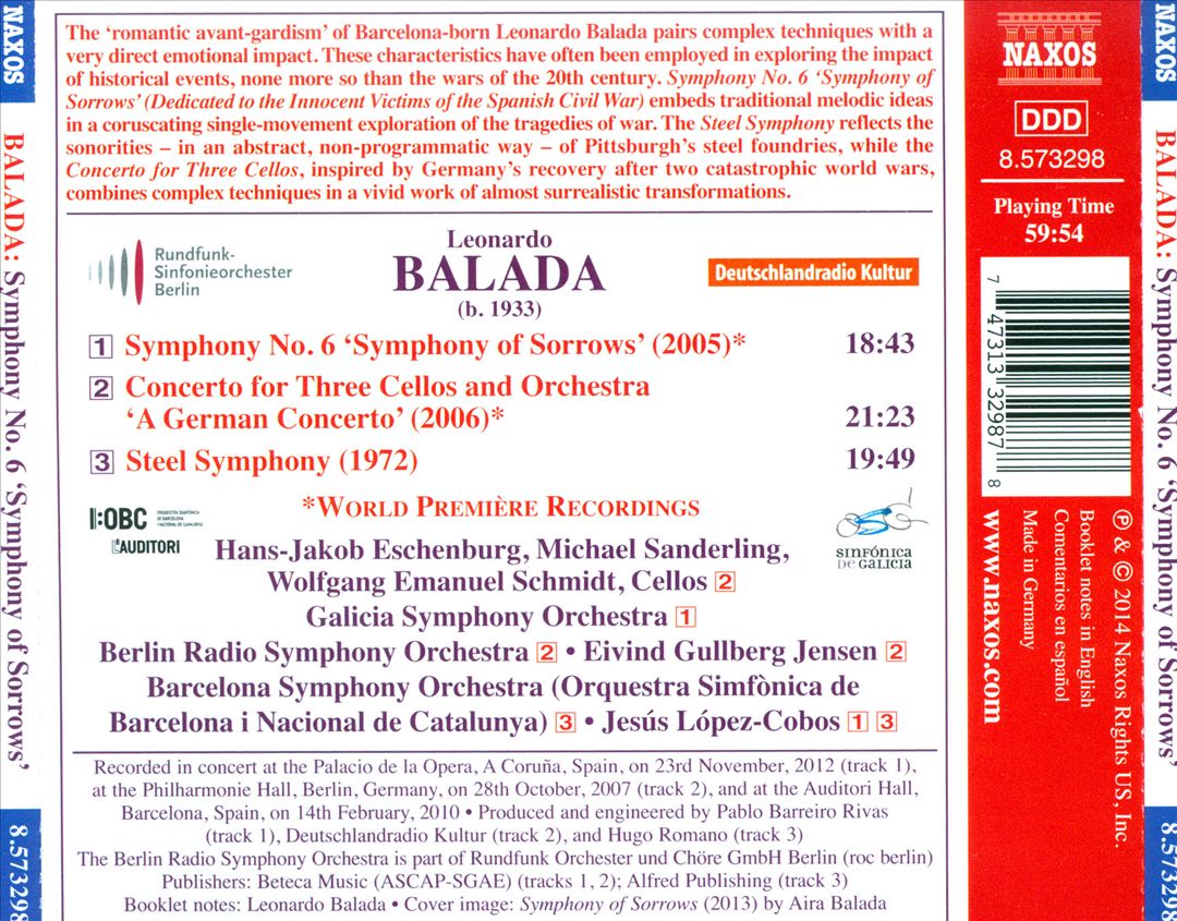 Leonardo Balada: Symphony No. 6 "Symphony of Sorrows"; Concerto for Three Cellos; Steel Symphony cover art