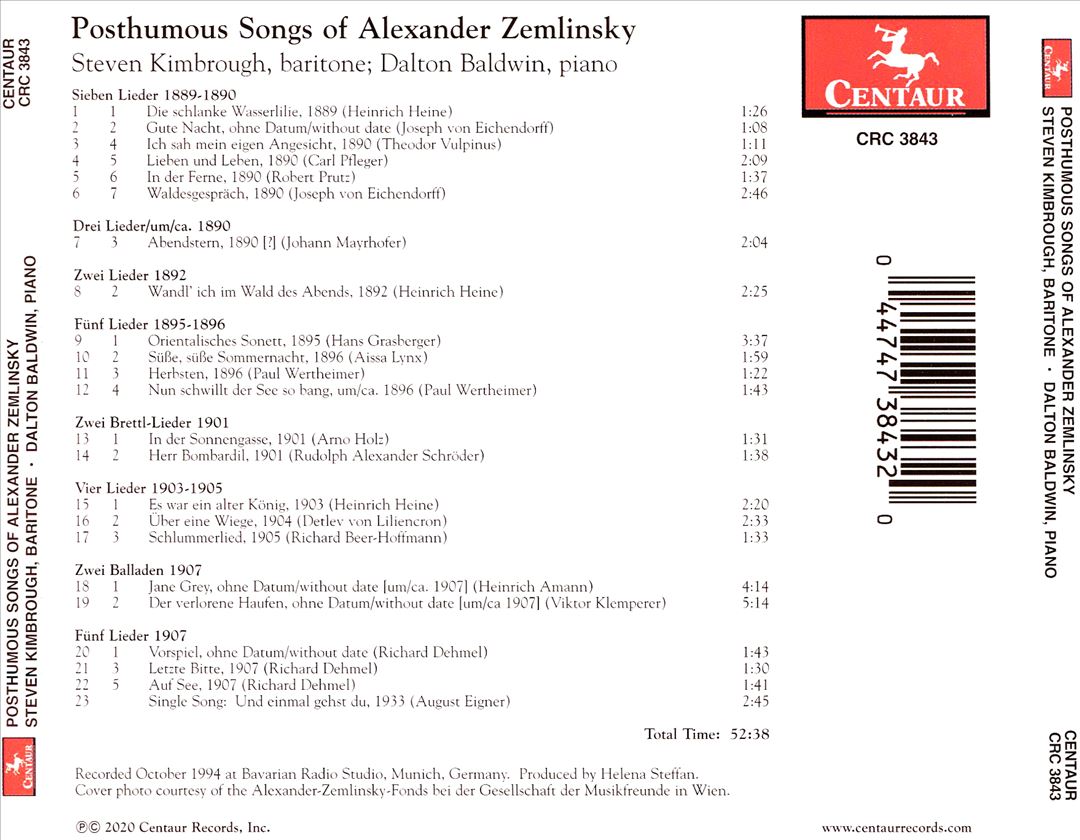 Posthumous Songs of Alexander Zemlinsky cover art