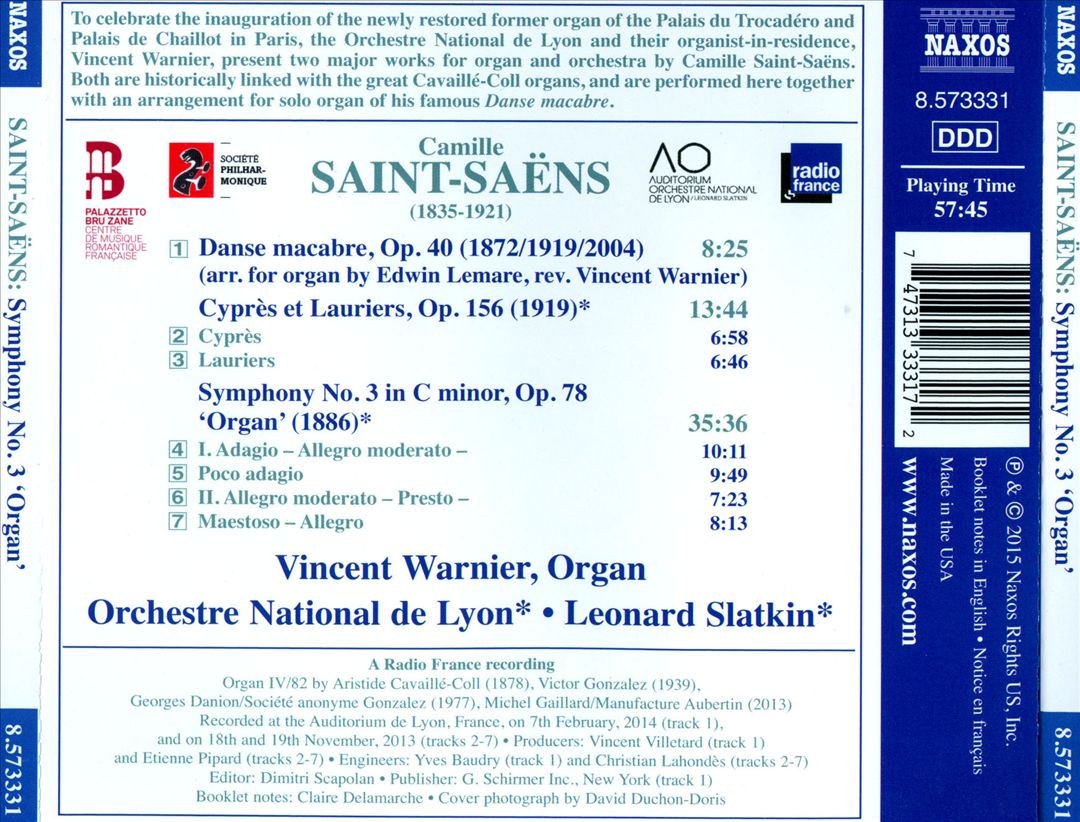 Saint-Saëns: Symphony No. 3 "Organ"; Danse macabre; Cyprès et Lauriers cover art