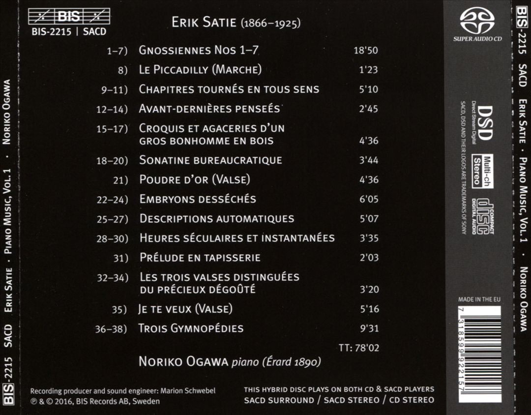 Noriko Ogawa plays Erik Satie on an 1890 Erard piano, Vol. 1 cover art