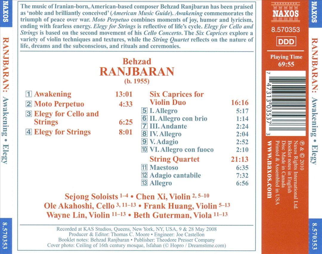 Behzad Ranjbaran: Awakening; Elegies cover art