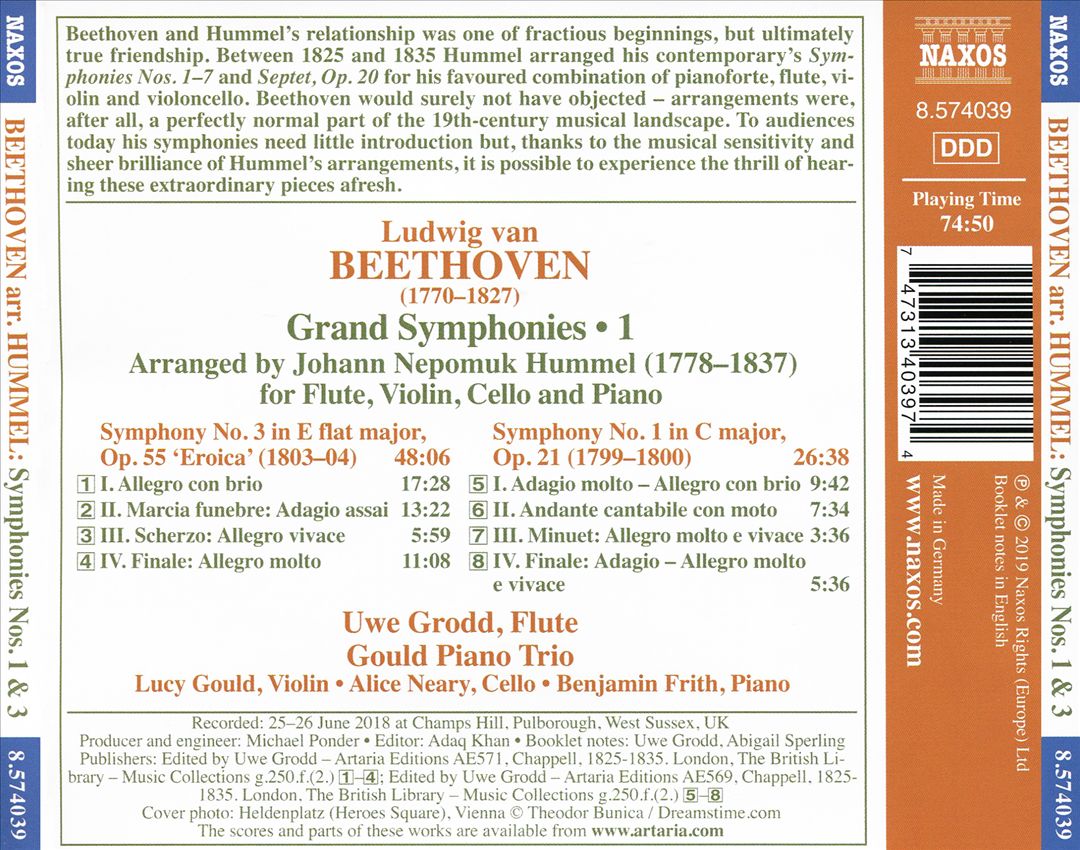 Beethoven: Grand Symphonies, Vol. 1, Arr. Hummel for Flute, Violin, Cello and Piano cover art