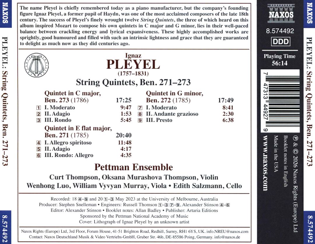Ignaz Pleyel: String Quintets, Ben. 271-273 cover art