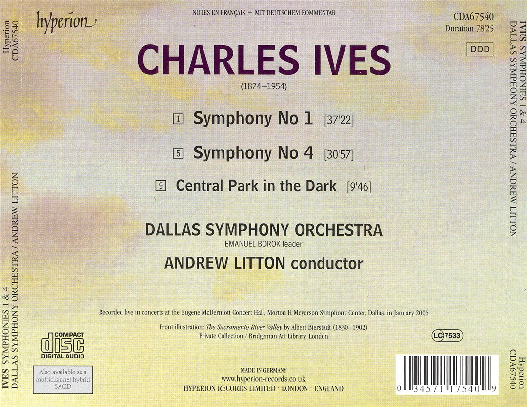 Ives: Symphonies Nos. 1 & 4; Central Park in the Dark cover art