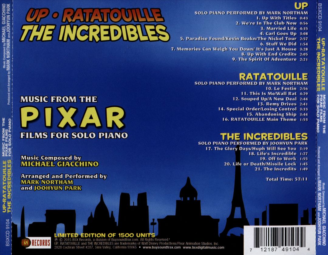Up, Ratatouille, The Incredibles: Music from the Pixar Films for Solo Piano cover art