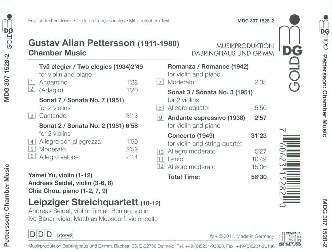 Gustav Allan Pettersson: Concerto for Violin and String Quartet; Three Pieces for Violin and Piano; Sonatas for 2 Violins cover art
