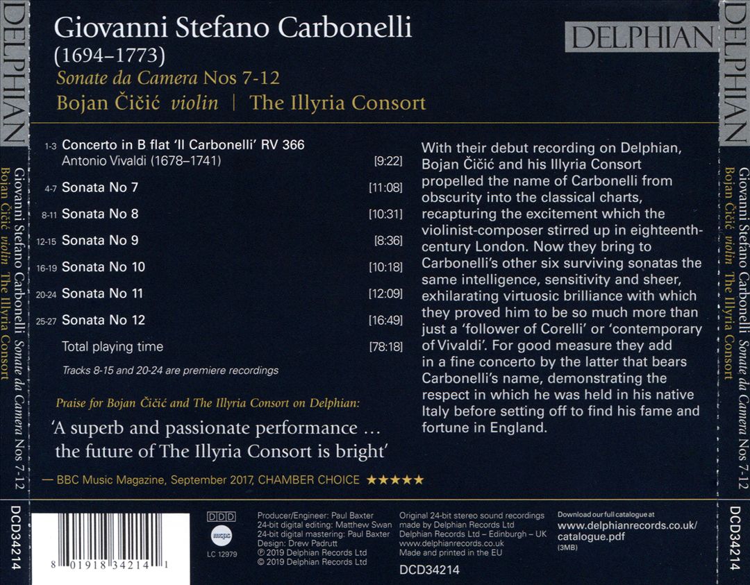Giovanni Stefano Carbonelli: Sonate da Camera Nos. 7-12 cover art