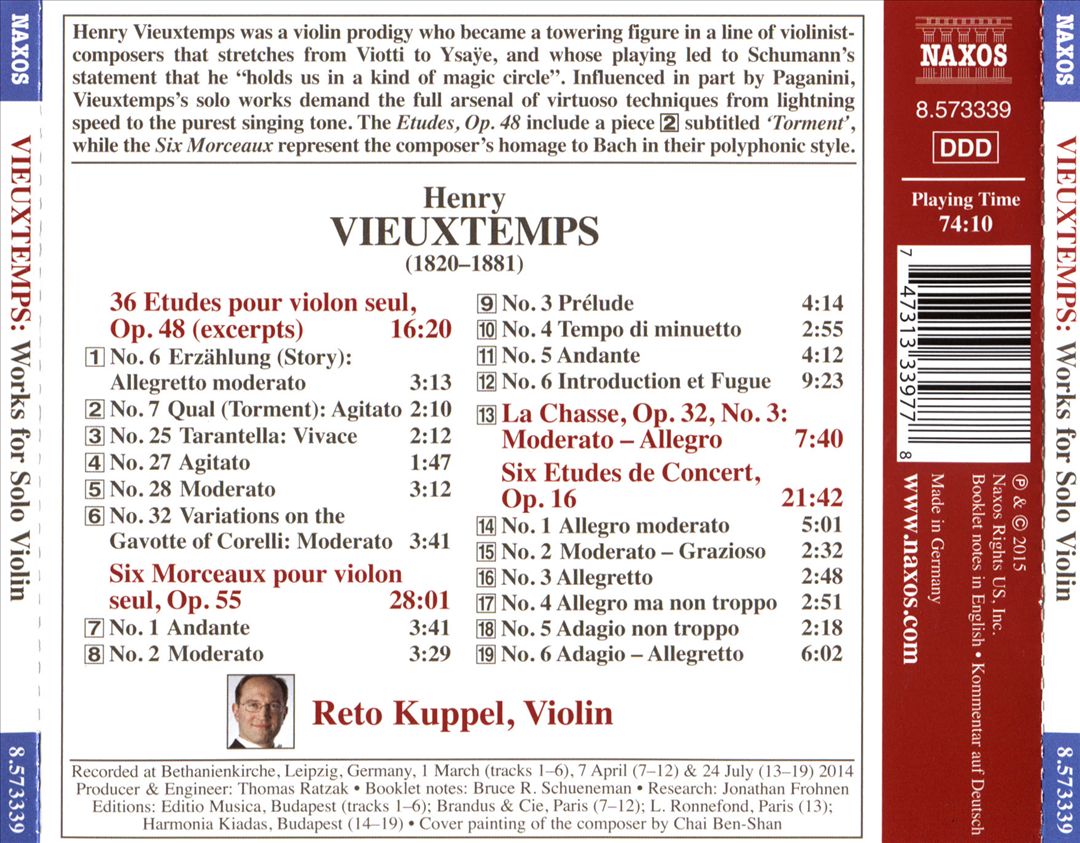 Vieuxtemps: Works for Solo Violin - Corelli Variations; Six Morceaux; La Chasse; Concert Etudes cover art