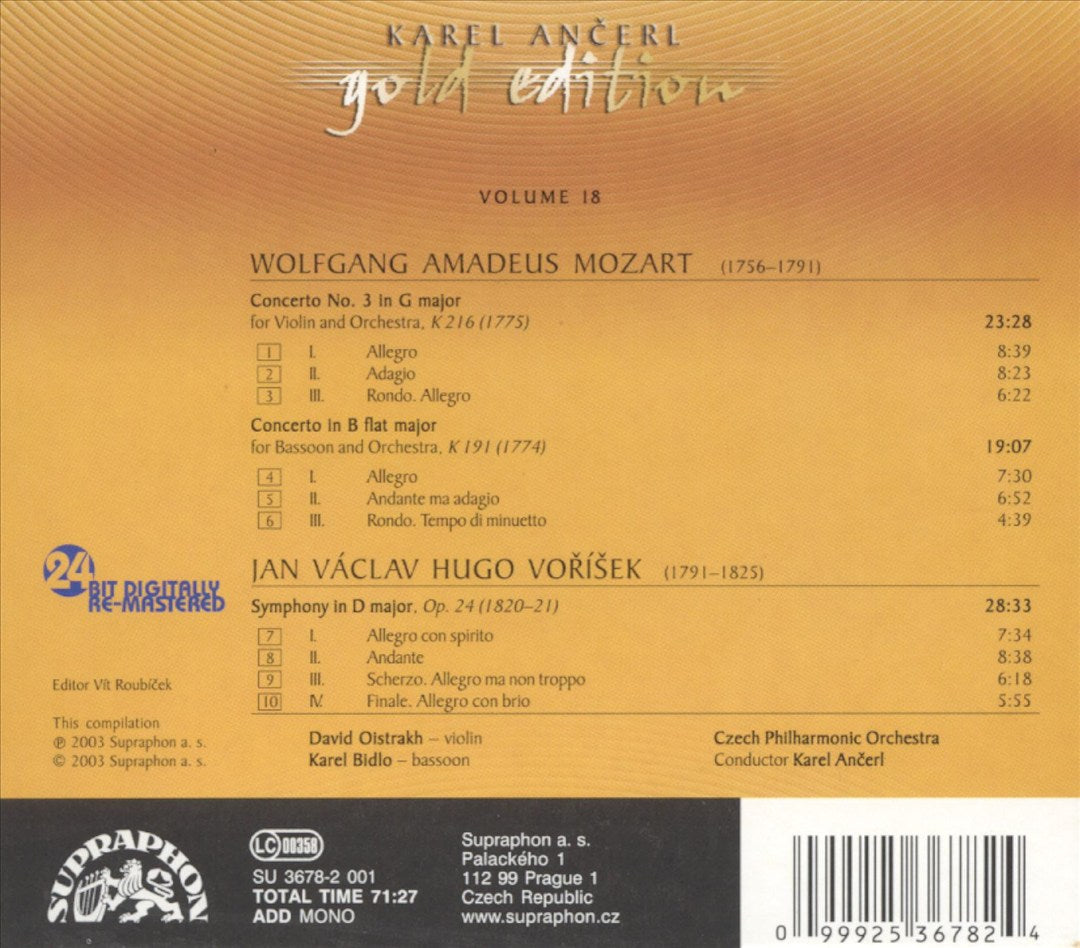Mozart: Violin Concerto, K216; Bassoon Concerto; Vorísek: Symphony cover art
