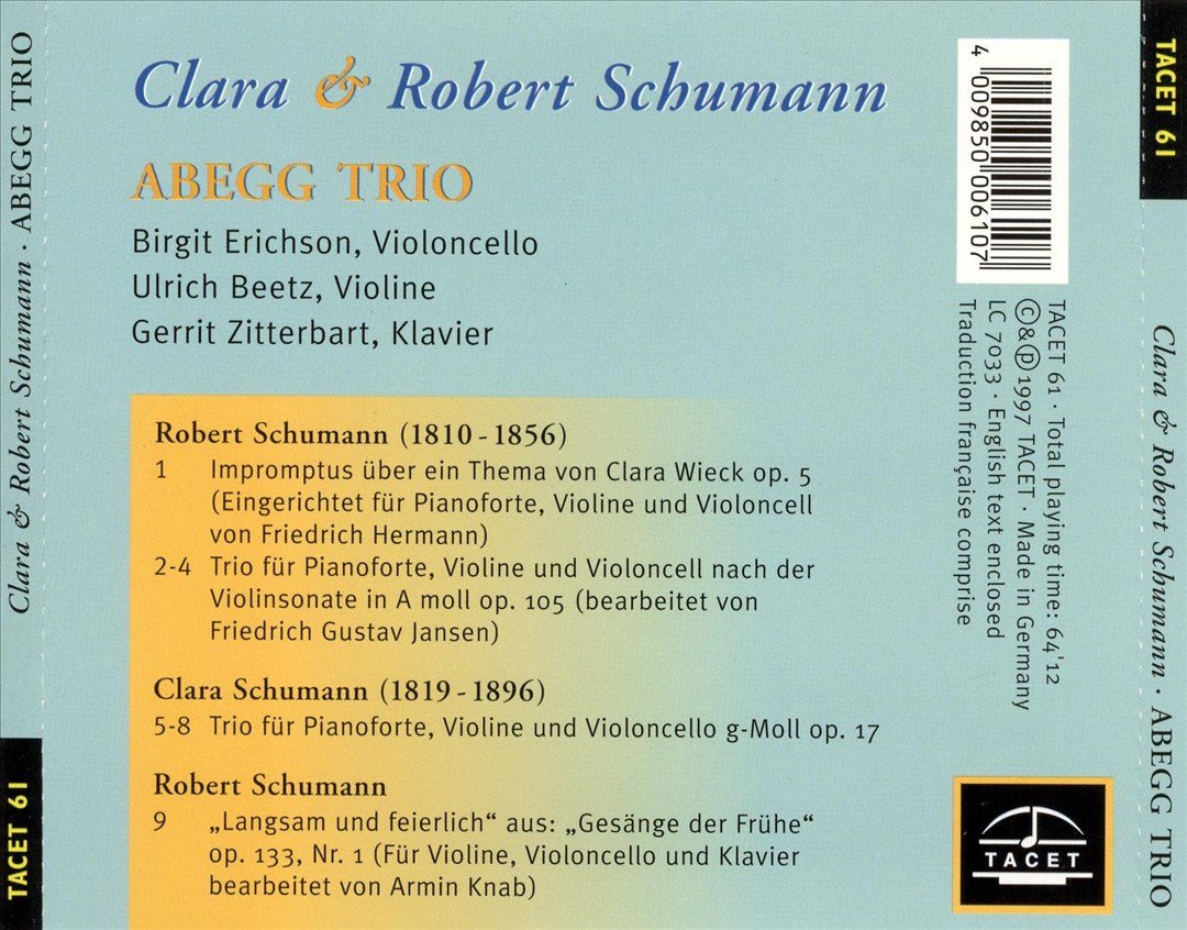 Robert Schumann: Impromptus über ein Thema von Clara Wieck, Op. 5; Klaviertrio a-Moll, Op. 105; etc. cover art