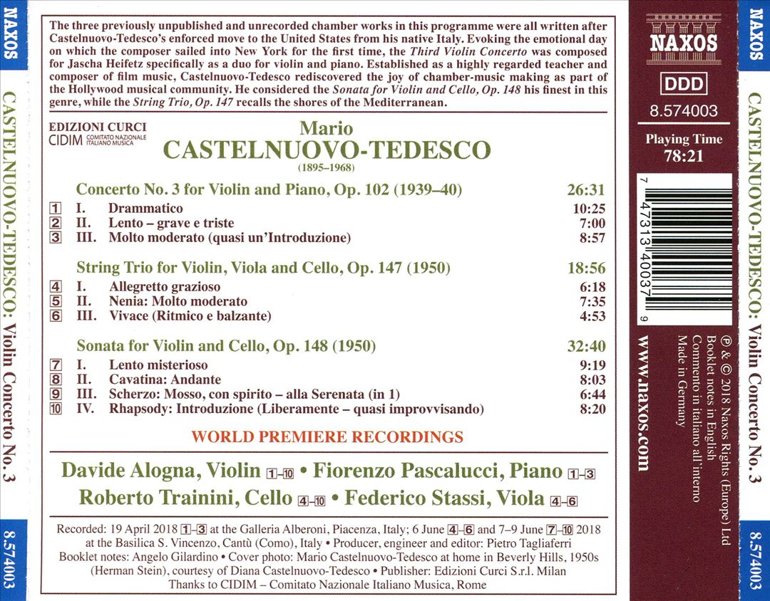 Castelnuovo-Tedesco: Violin Concerto No. 3; String Trio; Sonata for Violin and Cello cover art