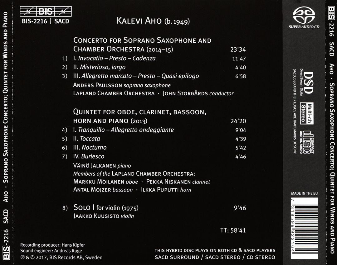 Kalevi Aho: Concerto for Soprano Saxophone; Quintet for Winds and Piano cover art