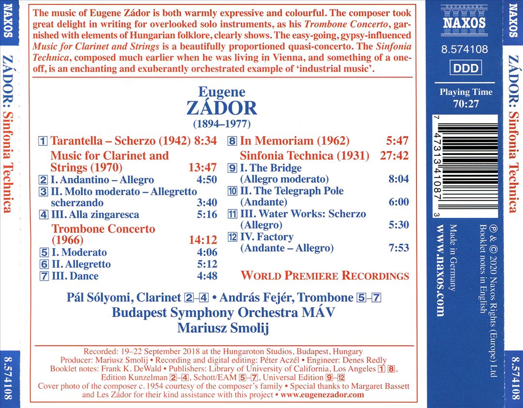 Eugene Zádor: Sinfonia Technica; Music for Clarinet and Strings; Trombone Concerto cover art