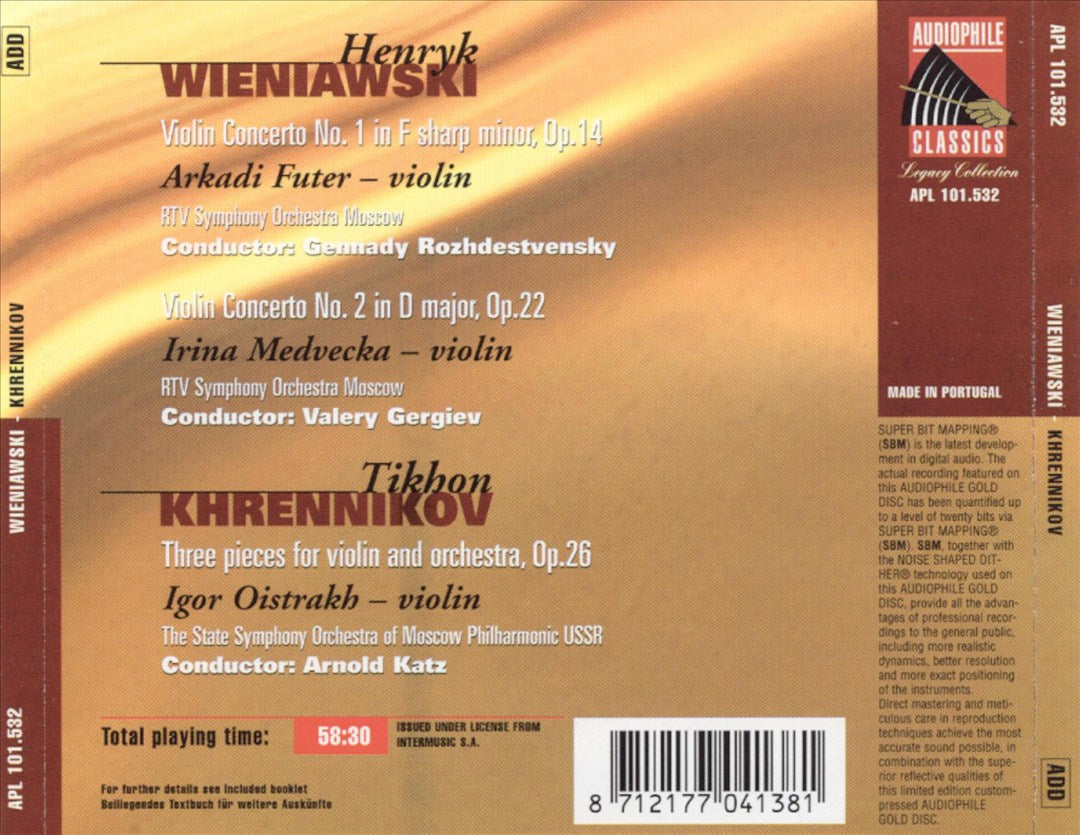 Henryk Wieniawski: Violin Concertos Nos. 1 & 2; Tikhon Khrennikov: Three pieces for violin & orchestra, Op. 26 cover art