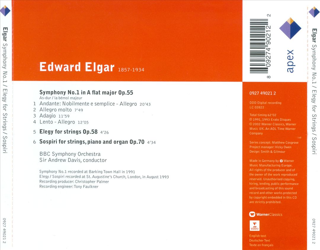 Elgar: Symphony No. 1; Elegy for Strings; Sospiri cover art