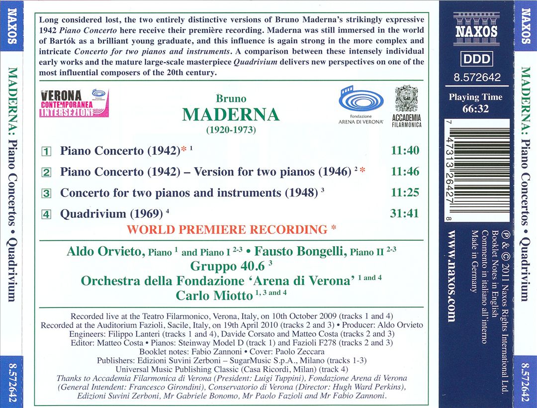 Bruno Maderna: Piano Concertos; Quadrivium cover art