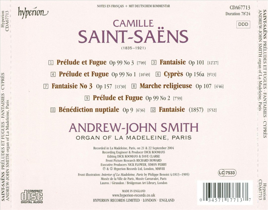 Saint-Saëns: Préludes et Fugues; Fantaisies; Marche religieuse; Bénédiction nuptiale; Cyprés cover art