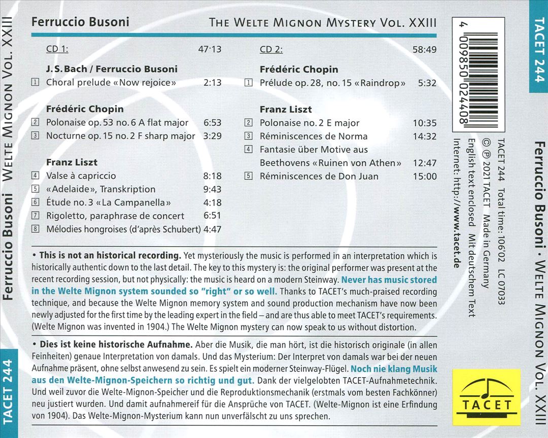 Welte Mignon Mystery, Vol. 23: Ferruccio Busoni - Today Playsing all His 1905/1907 Interpretatio cover art