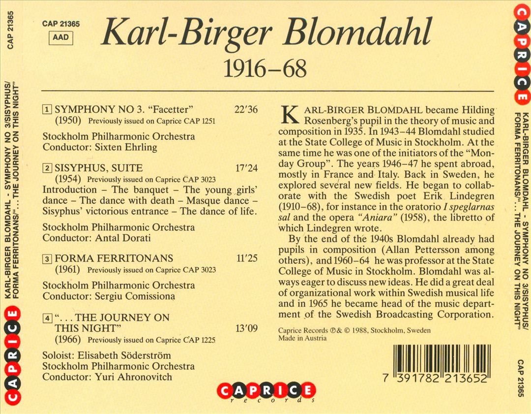 Karl-Birger Blomdahl: Symphony No. 3; Sisyphus; Forma Ferritonans; '...The Journey on This Night' cover art