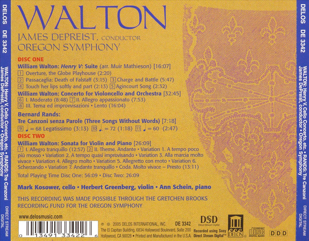 Walton: Suite from Henry V; Cello Concerto; Violin & Piano Sonata; Rands: Tre Canzoni Senza Parole cover art
