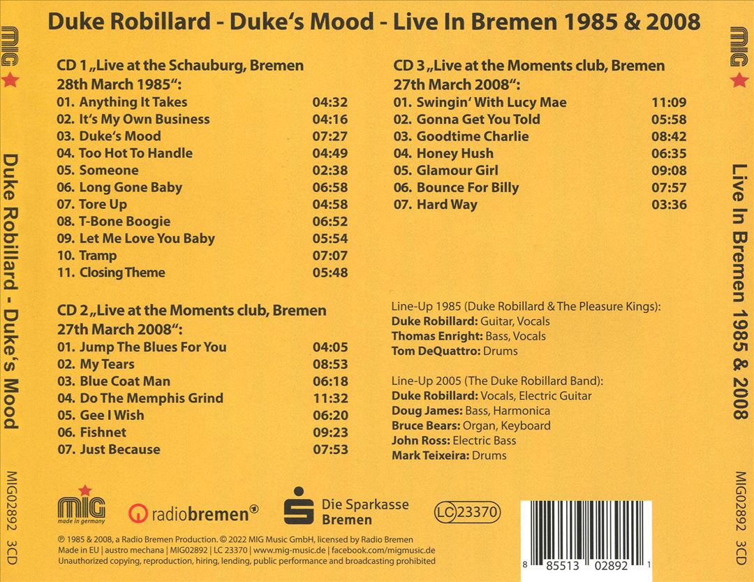 Duke's Mood: Live in Bremen 1985/2008 cover art