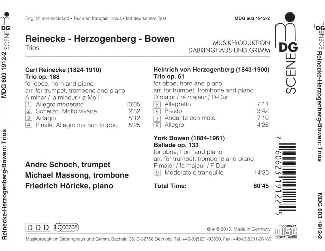 Carl Reinecke: Trio Op. 188; Heinrich von Herzogenberg: Trio Op. 61; York Bowen: Ballade Op. 133 cover art