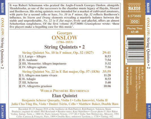 Georges Onslow: String Quintets, Vol. 2 - Nos. 10 and 22 cover art