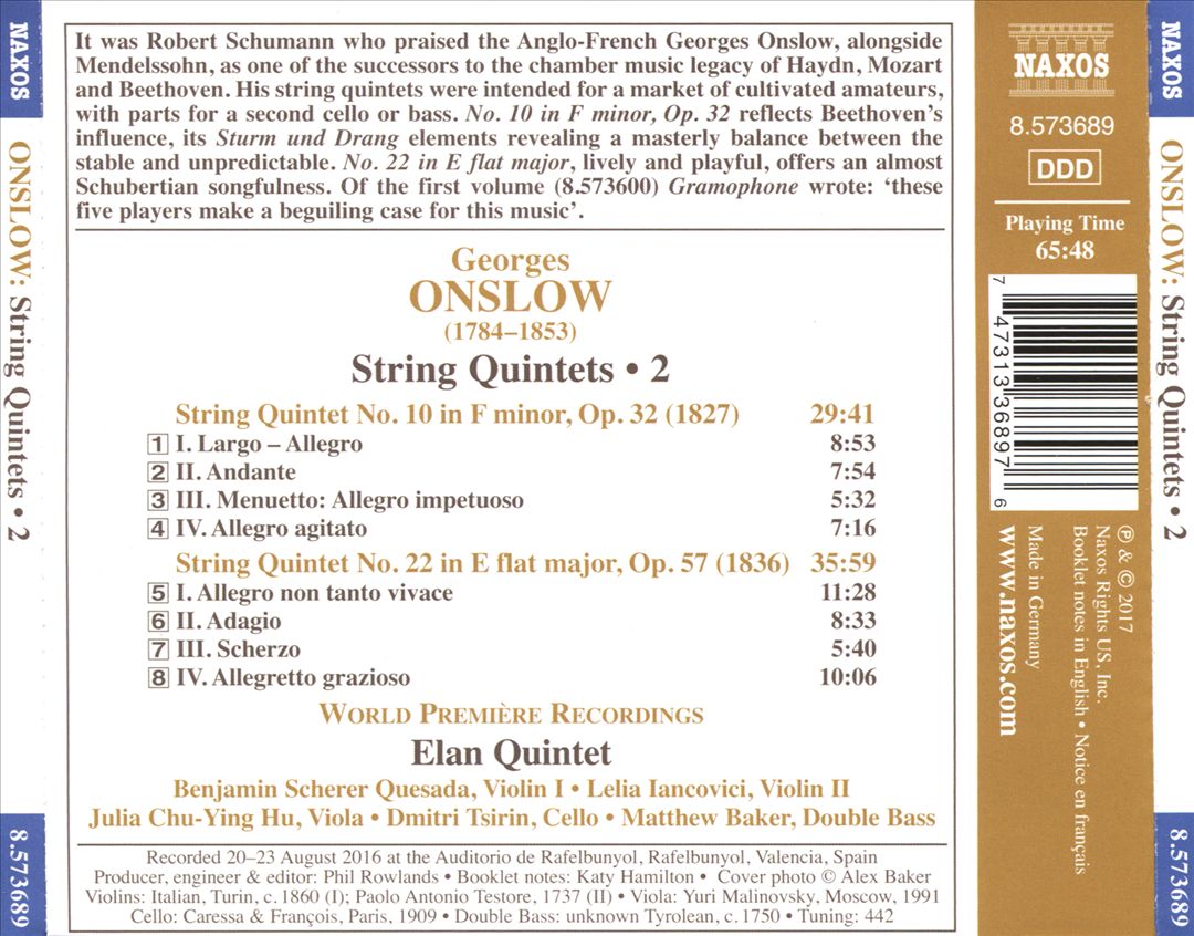 Georges Onslow: String Quintets, Vol. 2 - Nos. 10 and 22 cover art